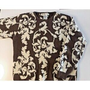 Vintage JH Collectibles Sweater Lambswool Angora Brown White Floral Grandmacore